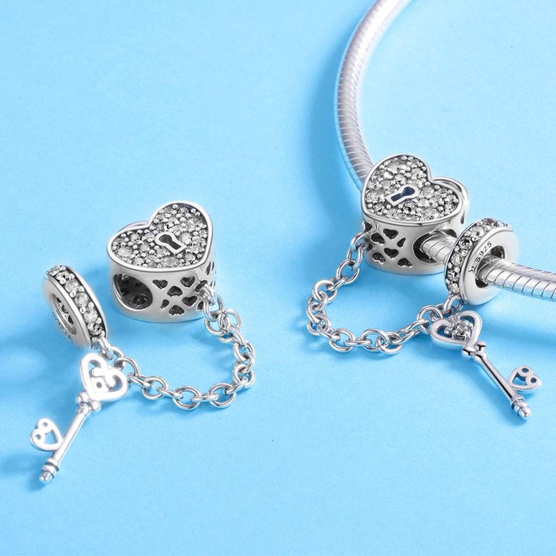 WOSTU 925 Sterling Silver Charms for Bracelets Key Love Heart Cubic Zirconia Bead Charm for Women - Image 4